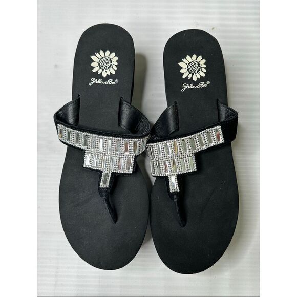 YELLOW BOX Black Alexandria Rhinestone Wedge Flip Flops Size 8.5 - Picture 10 of 10